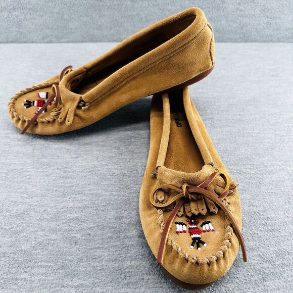 MINNETONKA - Women's Classic Tan Beaded Thunderbird Leather Moccasins Size 11 - Picture 1 of 11